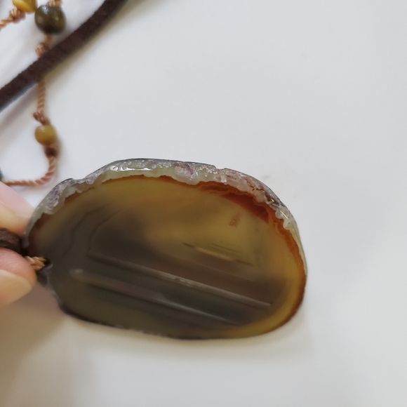 Boho Necklace with Flat Green Stone and Brown Cord - Picture 4 of 7